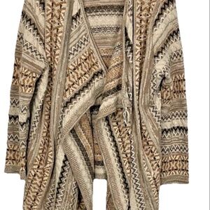 J. Jill Womens Waterfall  Cardigan L Brown Tan Cream Pockets Aztec Wool EUC 2X